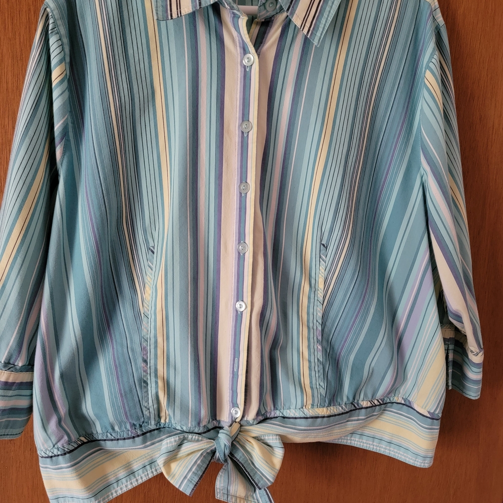 CJ Banks Turquoise, Yellow Stripe Button Down Tie Hem Blouse Plus Size 2X - Picture 4 of 12